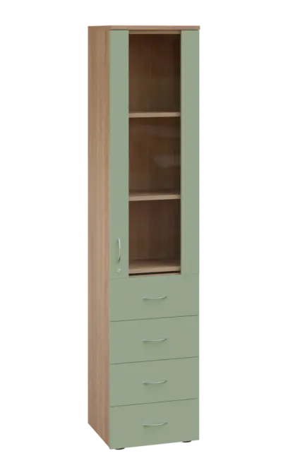 LE - 44 skříň léková prosklená, pravá, korpus dub bardolino, dvířka šedo-zelinkavá